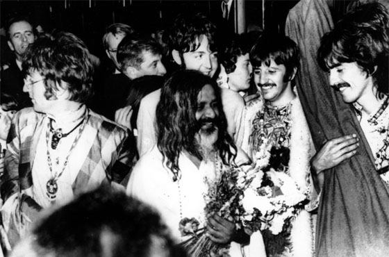 The Beatles together with Maharishi at the Bangor Wales railway station, August 1967.