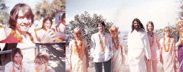 The Beatles in India 1968 up: George Harrison and John. Left: John Lennon and his wife Cynthia. Right: Maureen, Paul McCartney and Jane Asher, Some Swami, John Lennon and Cynthia, Pattie